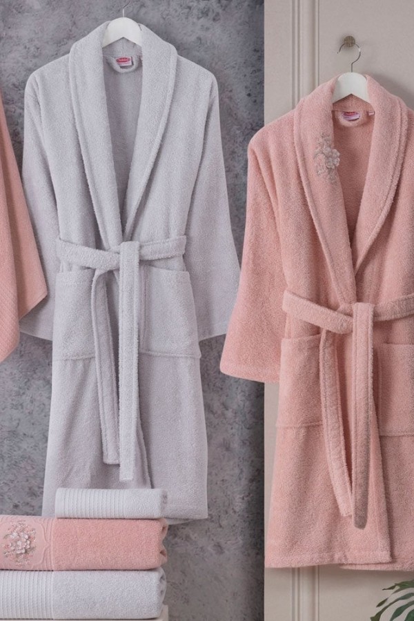 Hobby Line - Pamuklu Bornoz Seti - Pembe Gri