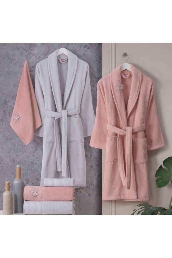 Hobby Line - Pamuklu Bornoz Seti - Pembe Gri