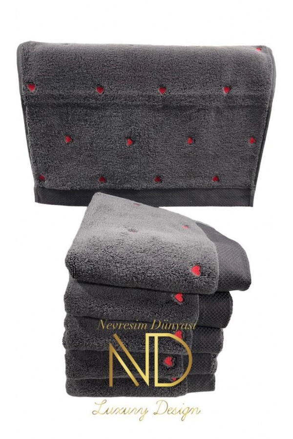 Hobby Lubow Love Koyu Gri Kırmızı Nakışlı 70x140 6'lı Havlu Seti