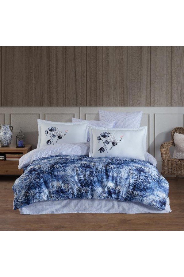 Hobby Premium Deluxe 300TC Çift Kişilik Saten Nevresim Takımı Lilian Mavi