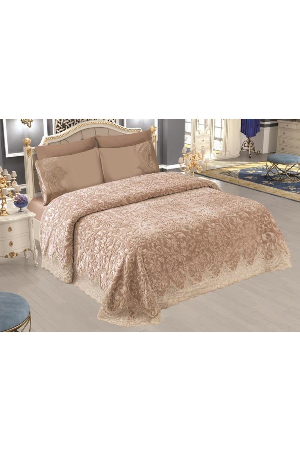 Nevresim Dünyası Anna Karina Çift Kişilik Çeyizlik Battaniye Takımı Safir Cappucino