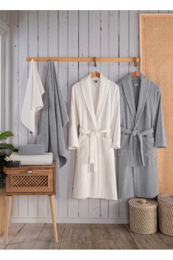 Nevresim Dünyası  Bornoz Seti Alfa Gri-Krem