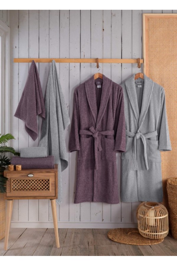 Nevresim Dünyası  Bornoz Seti Alfa Mürdüm-Gri