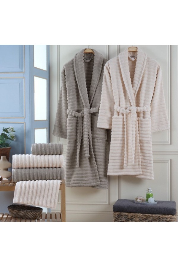 Hobby Vedra - Pamuklu Bornoz Seti - Kum S. Kahve