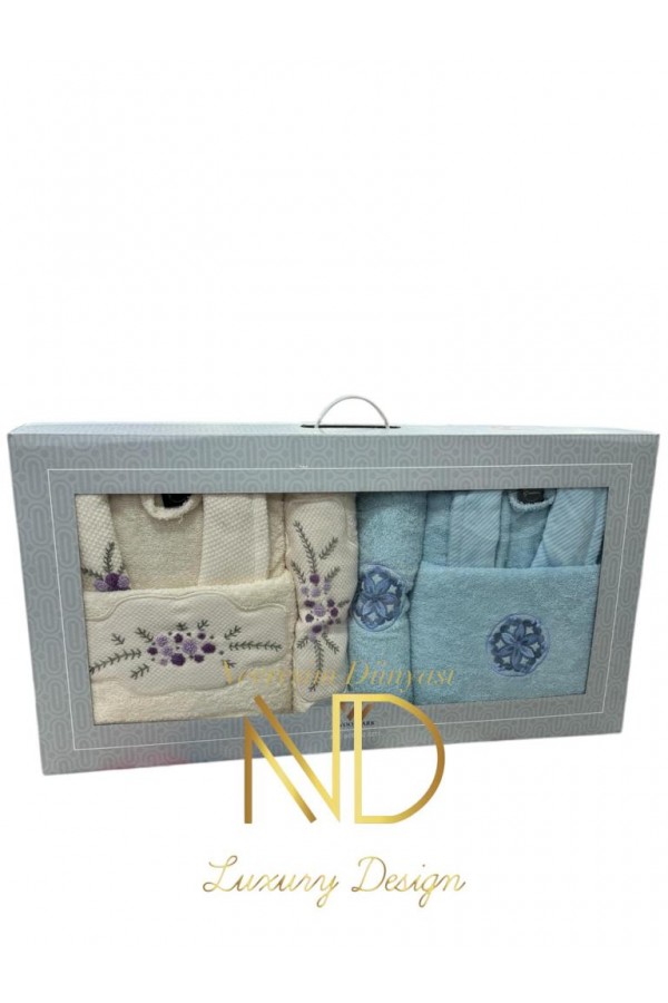 Nevresim Dünyası Nakışlı Bornoz Seti Açık Mavi Krem