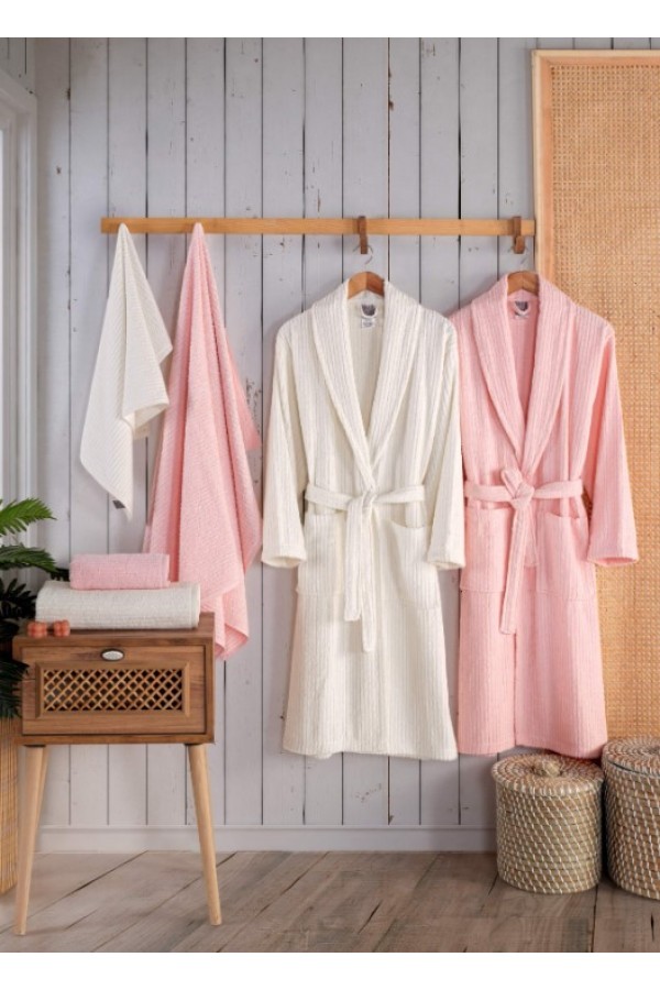 Nevresim Dünyası  Bornoz Seti Alfa Pembe-Krem