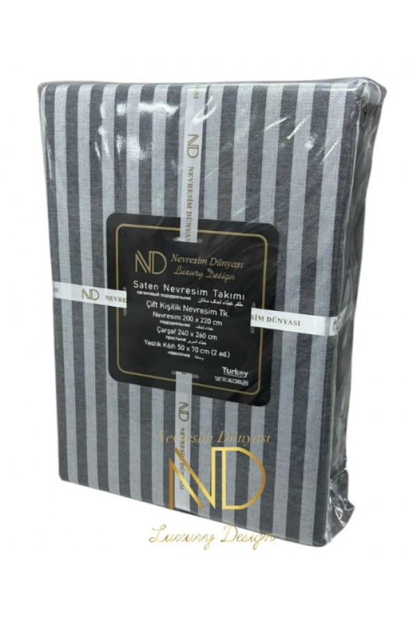 Nevresim Dünyası Çift Kişilik Çizgili Saten Nevresim Takımı Antrasit