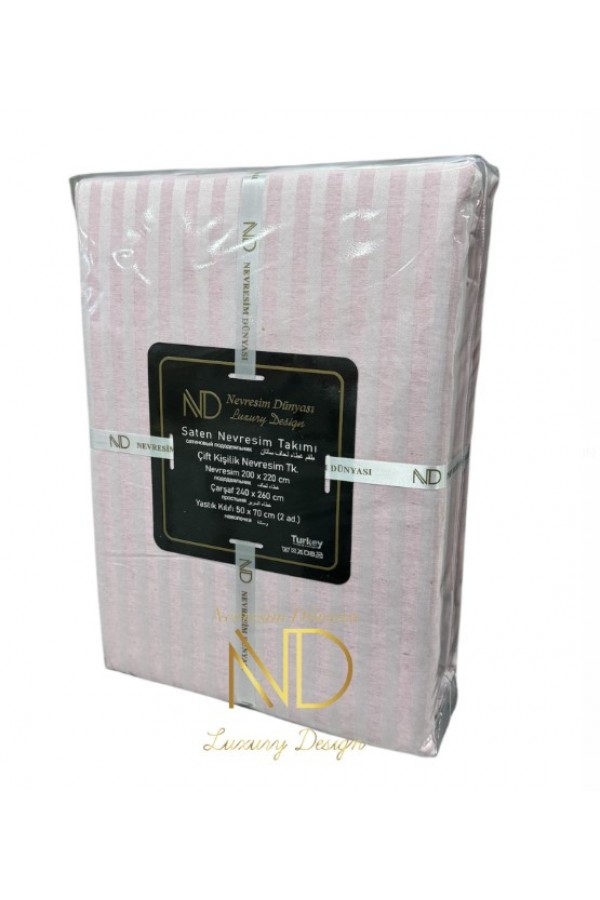 Nevresim Dünyası Çift Kişilik Çizgili Saten Nevresim Takımı Pembe