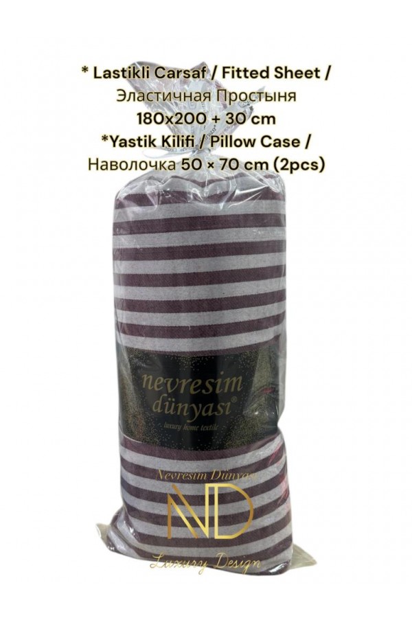 Nevresim Dünyası Çizgili Çift Kişilik Fitted Micro Saten Çarşaf ve 2 Yastık Kılıfı Bordo
