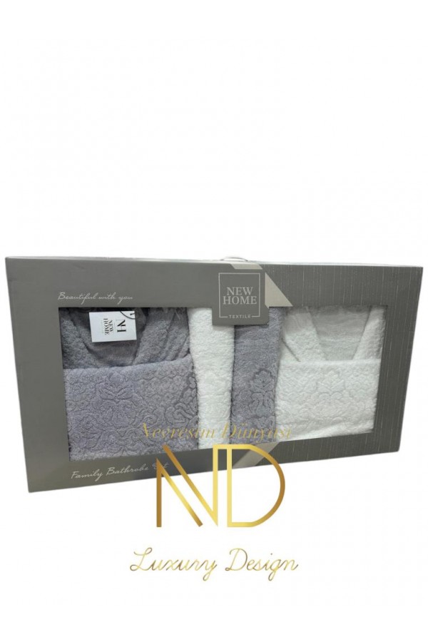 Nevresim Dünyası Jakarlı Bornoz Seti Gri Beyaz