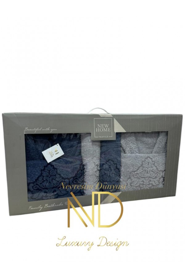 Nevresim Dünyası Jakarlı Bornoz Seti Lacivert Gri