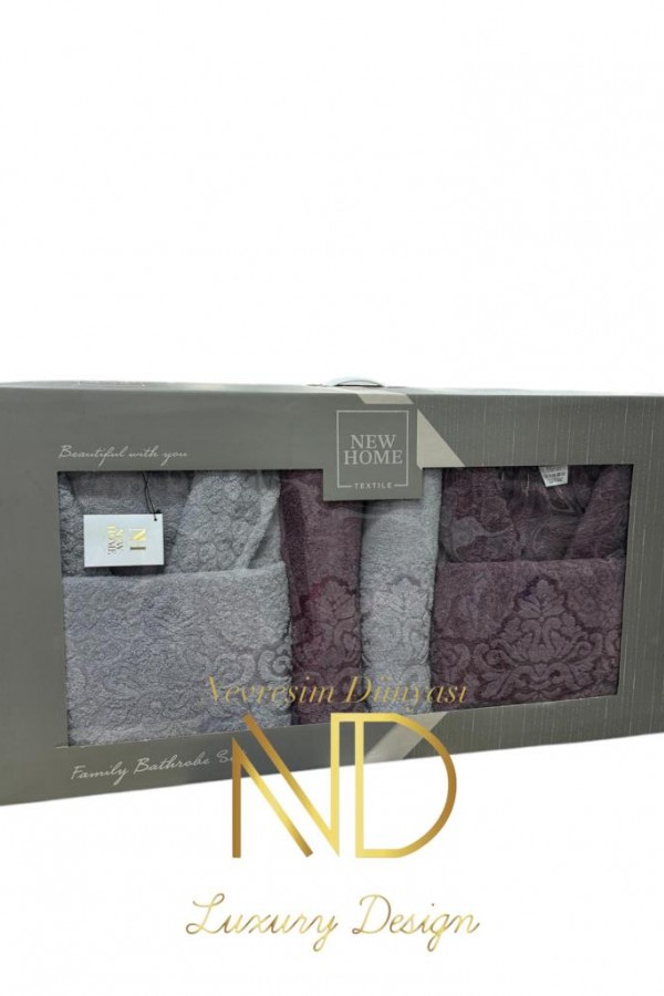 Nevresim Dünyası Jakarlı Bornoz Seti Mürdüm Gri Nevresim Dünyası Jakarlı Bornoz Seti Mürdüm Gri