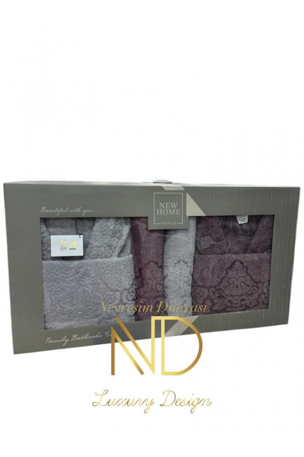 Nevresim Dünyası Jakarlı Bornoz Seti Mürdüm Gri