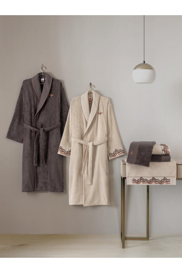 Cotton Box Puff Nakışlı Aile Bornoz Seti Molende Bej-Antrasit Cotton Box Puff Nakışlı Aile Bornoz Seti Molende Bej-Antrasit