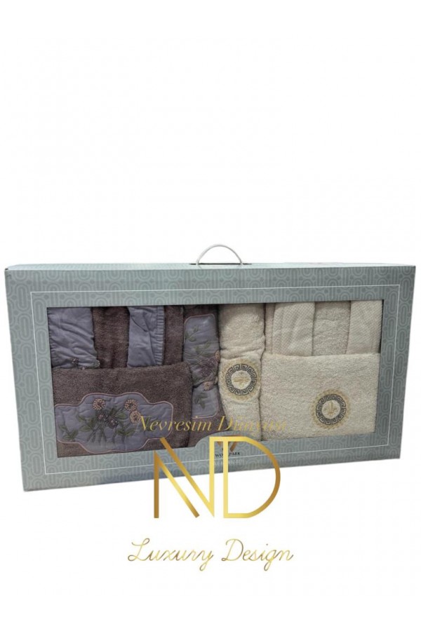 Nevresim Dünyası Nakışlı Bornoz Seti Kahve Bej