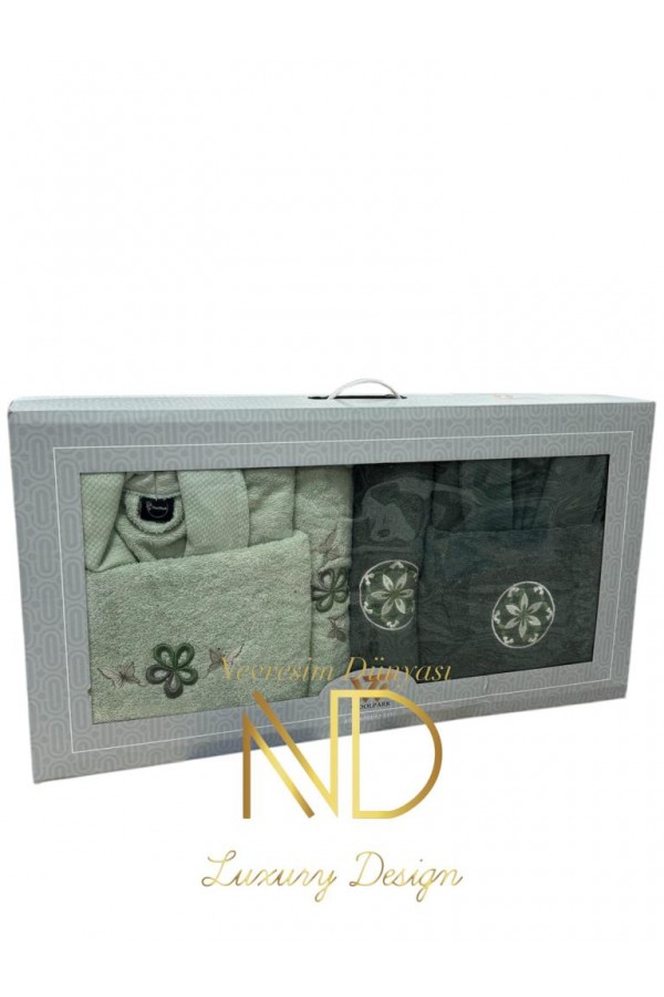 Nevresim Dünyası Nakışlı Bornoz Seti Koyu Yeşil Açık Yeşil