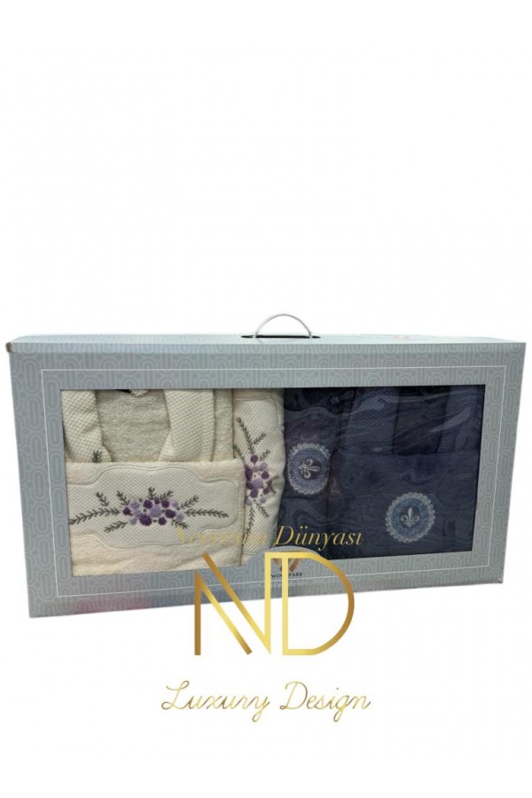 Nevresim Dünyası Nakışlı Bornoz Seti Lacivert Krem