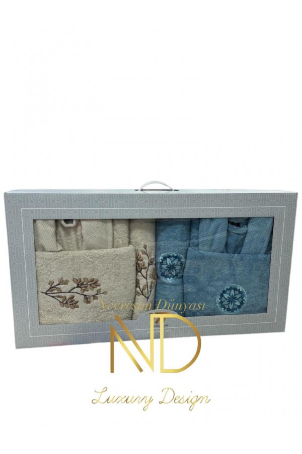 Nevresim Dünyası Nakışlı Bornoz Seti Mavi Cappuccino