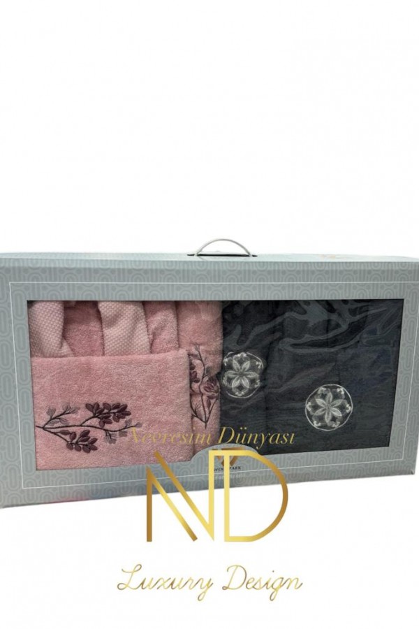 Nevresim Dünyası Nakışlı Bornoz Seti Somon Antrasit Nevresim Dünyası Nakışlı Bornoz Seti Somon Antrasit