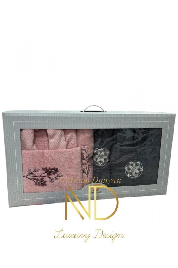 Nevresim Dünyası Nakışlı Bornoz Seti Somon Antrasit