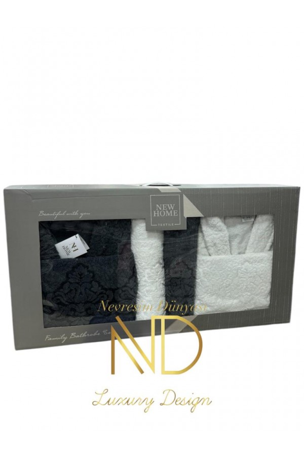 Nevresim Dünyası Jakarlı Bornoz Seti Antrasit Beyaz