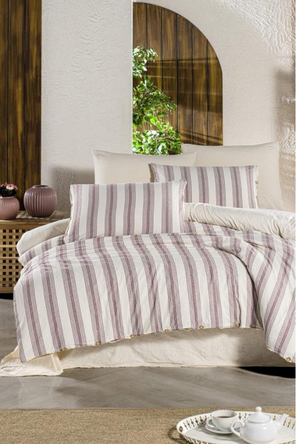 Nevresim Dünyası Organik Çift Kişilik Nevresim Takımı Line Bordo