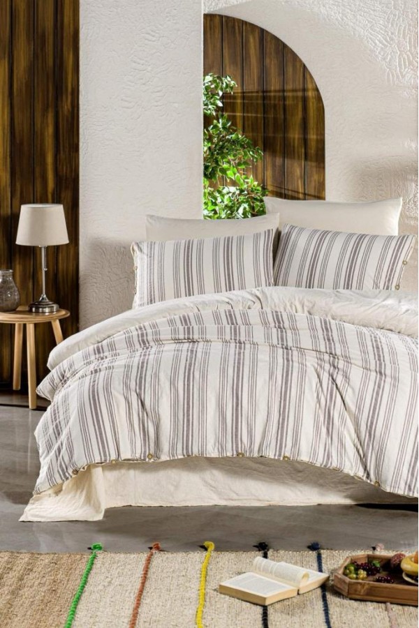 Nevresim Dünyası Organik Çift Kişilik Nevresim Takımı Line Navi Kahve